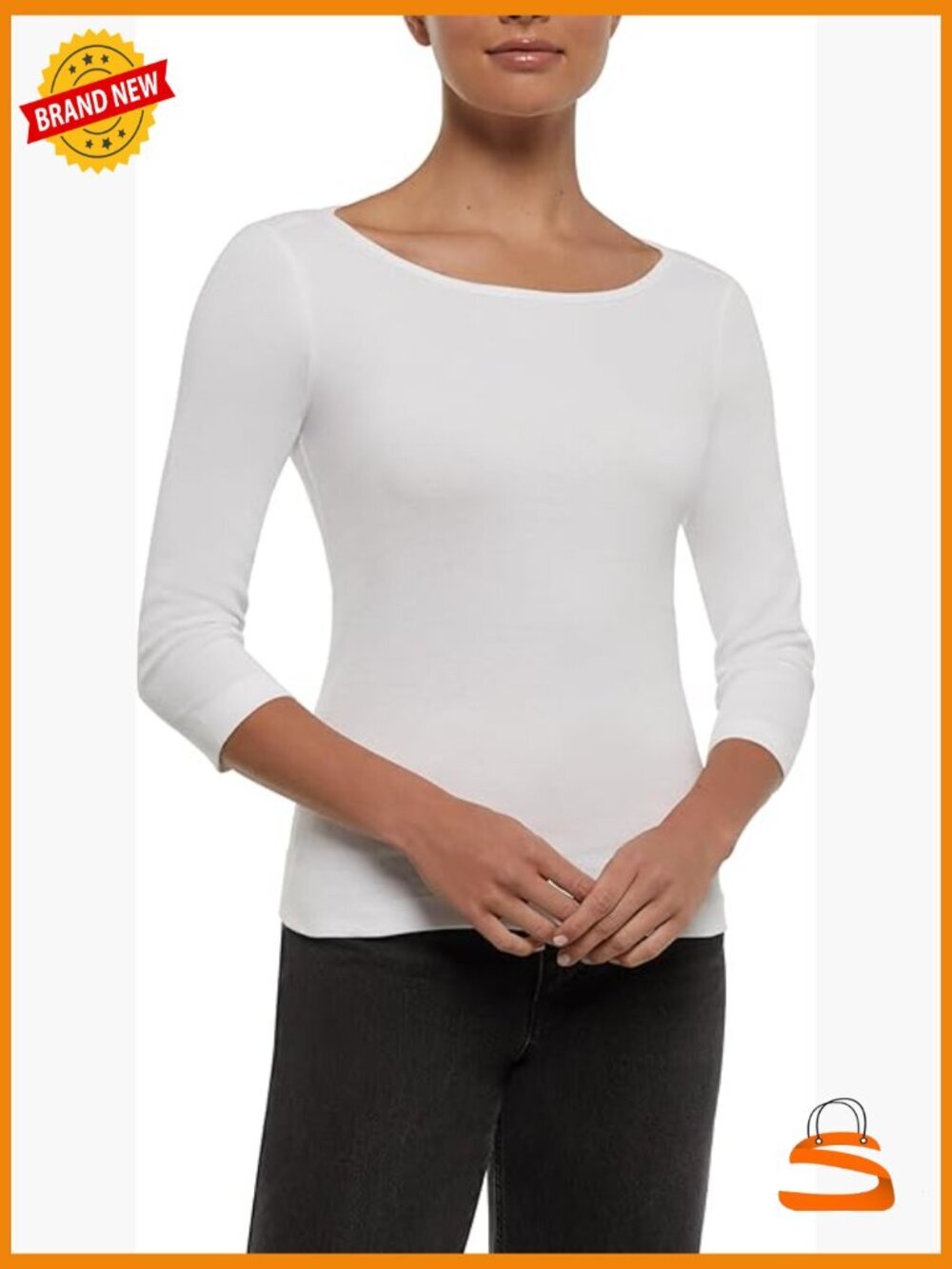 3/4 Sleeve Cotton Tee Boat Neck Pullover Stretchy
